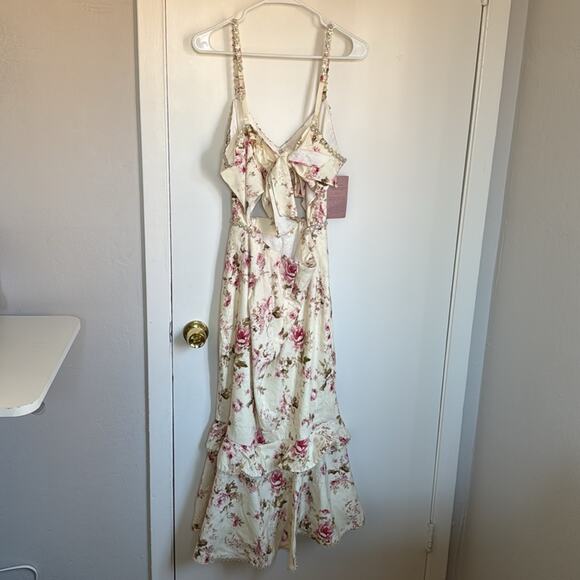 V. Chapman Luna Cutout Floral Tapestry Tiered Midi Dress Size 12 Pink Multi - Picture 6 of 7